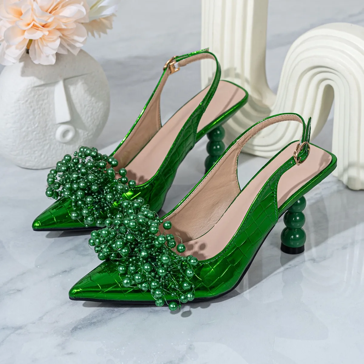2024 new pointed toe thin high heel sandals summer green beads flower pumps women pumps stiletto heeled sandals