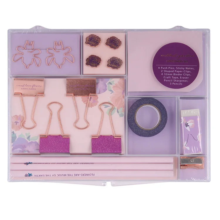 Cute Plastic Logo Custom Box Stationery Set For Women Flower Design 15Pcs Set