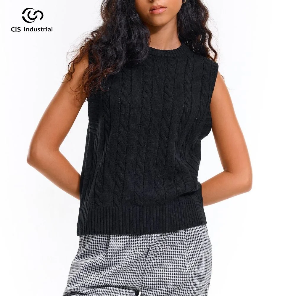 Oem/Odm Custom O-neck Pullover Knit Vest Black Tank Top Women High Quality Cable Knit Sleeveless Sweater Vest For Women