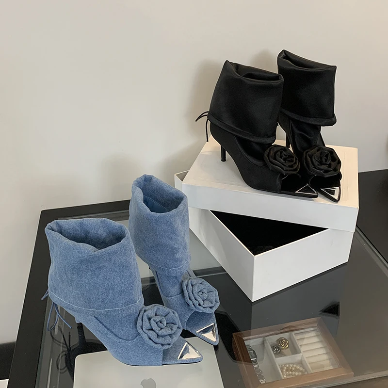 2024 Summer Fashion Detachable Flower Pointed Toe Ankle Boots European and American Style Solid Color High Heel 2  Boots