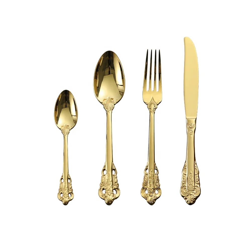 Wholesale luxury stainless steel wedding dinnerware cutlery set knife fork and spoon matte gold plated cutlery set