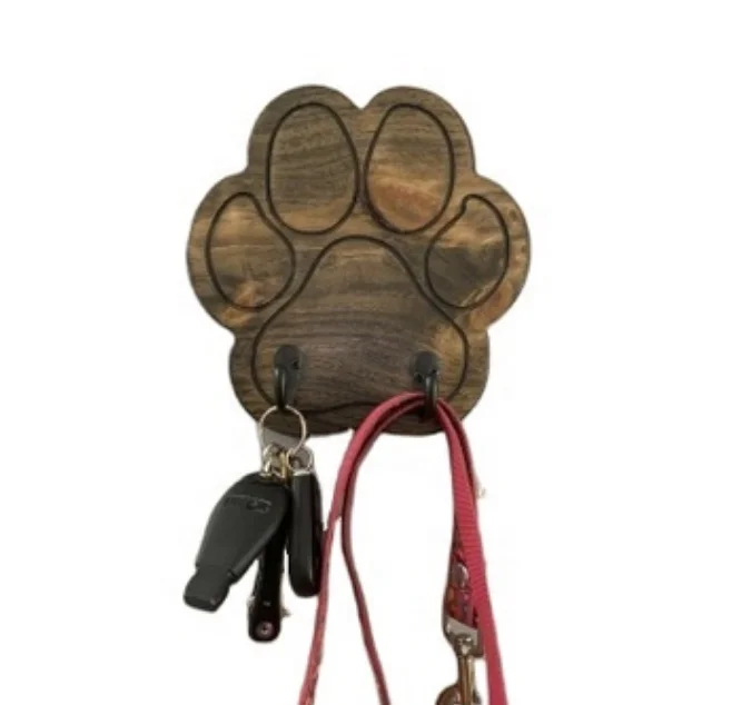2023 Pet paw shape wall art wood print with hook for Home storage rustic wooden wall hook