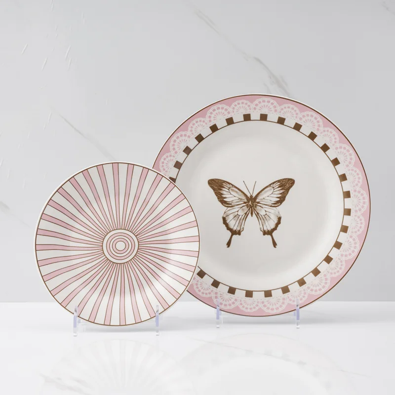 Hot Creative porcelain printed bowls,  tableware set European and American pink butterfly underglaze color tableware set