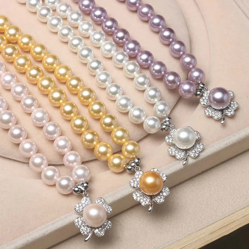 cheap women fashion natural shell pearl necklace bracelet earrings gemstone four-leaf clover pendant shell beaded jewelry set