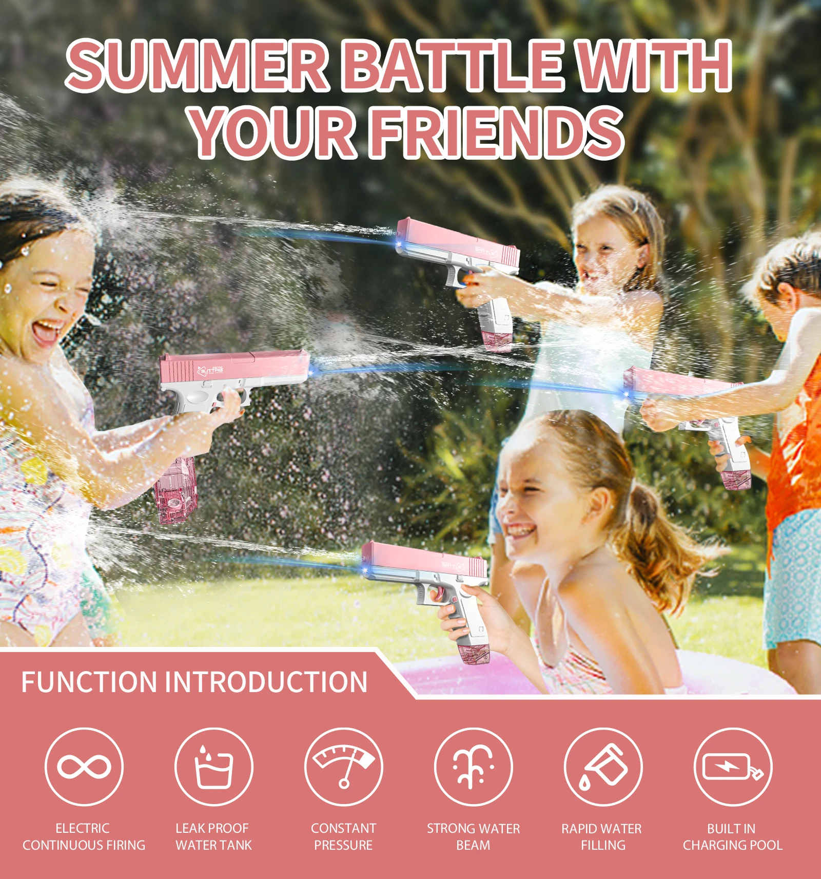 Child Gun Pistol Water Bullet Toy Large Capacity Powerful Glock Electric Fully Automatic Water Gun With Light For Indoor/Outdoor