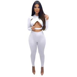 New Trendy women 2 piece outfits Hollow Out Wrap Top Long Sleeve 2 Piece Set Women Long Skin Pants Custom women 2 piece fall set