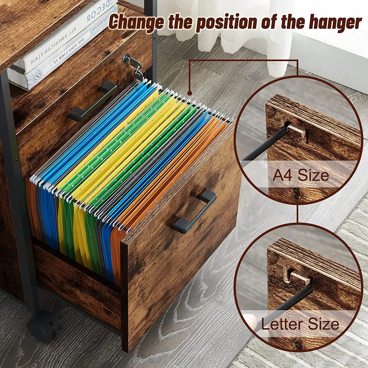 A4/Letter Size Files 2 Drawers Rolling Filing Metal and Wood Office Cabinets with Wheels Open Shelf Lock Charging Station