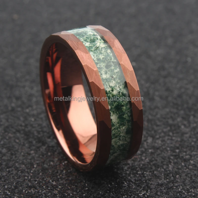 Nature Green Moss Agate Ring, Brown Hammer Tungsten Ring Inlay Moss Agate, Men Wedding Band Trendy Engagement Rings Unisex Rings
