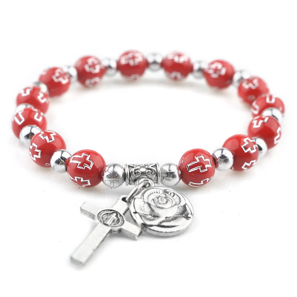 Multi-color Plastic Beads 8mm Cheap Cross Bracelets Strong  Elastic Rope Catholic Bracelets With Rose Medal