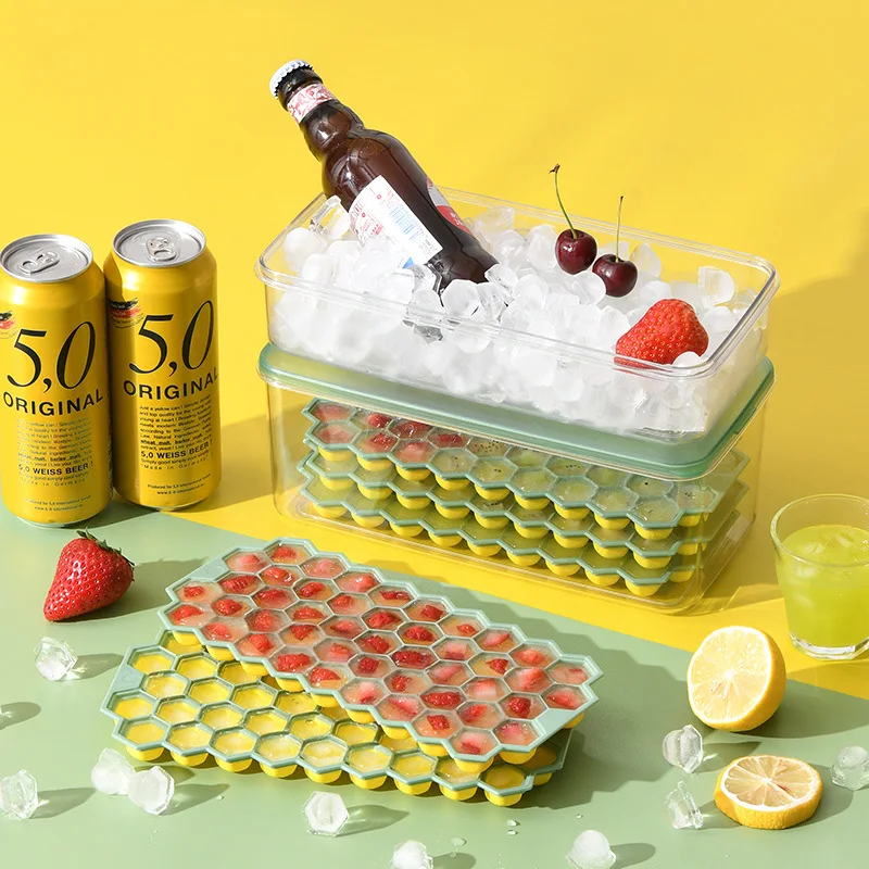 Food Grade Transparent With Flexible Easy Release Multilayer with lid and bin Square Soft Honeycomb Mold  Silicone Ice Cube Tray