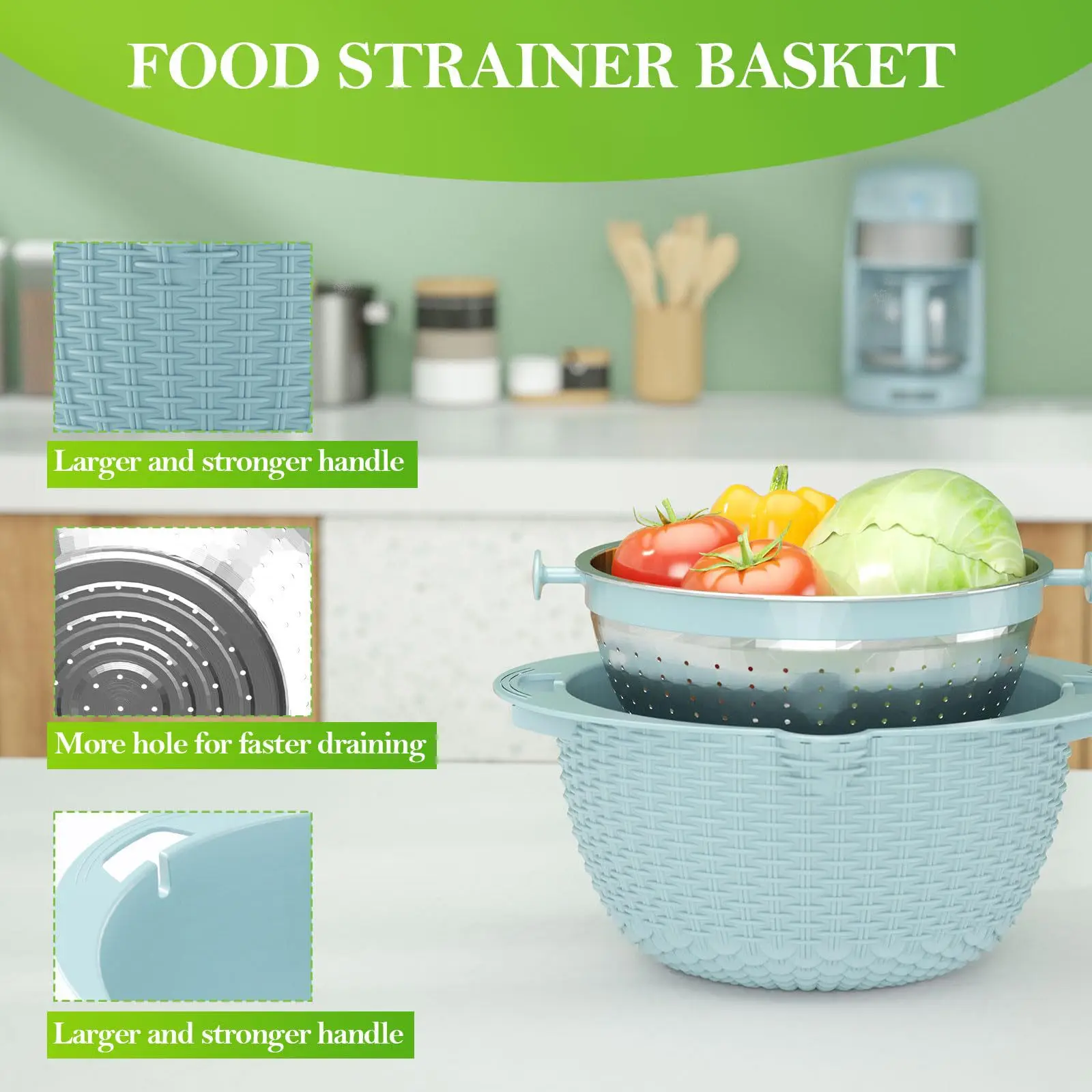 Household Rotatable Double-layer Vegetable Washing and Draining Basket Stainless Steel Water Filter Basin Set of 6