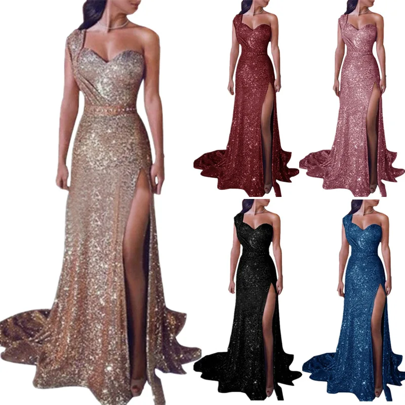 Hot One-shoulder Slit Sleeveless Party Wear For Ladies Evening Dresses Sexy hot gold dress open long dress