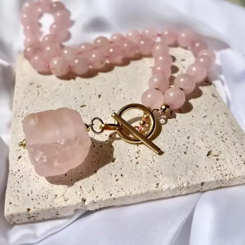 Beautiful rose quartz gem beaded necklace, original stone pendant necklace jewelry