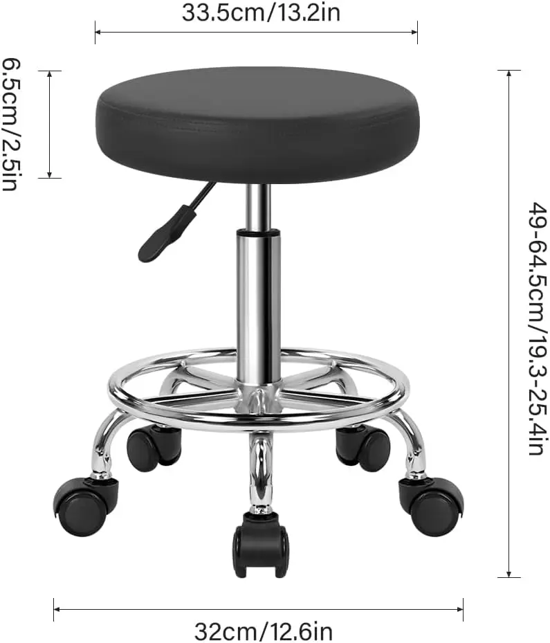Round Rolling Stool with Footrest PU Leather Height Adjustable 360 Swivel Stool with Wheels Office Stool Chair