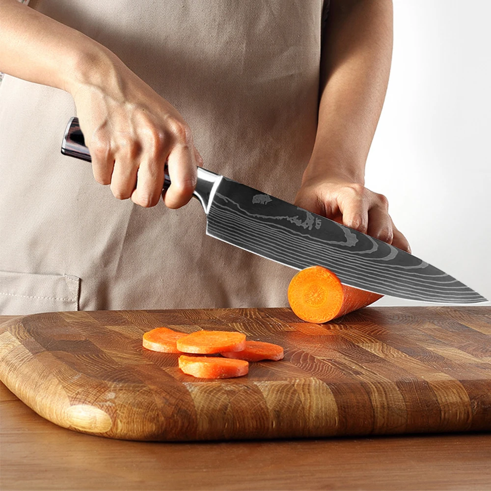 Stainless Steel Kitchen Knives Set Laser Damascus Veins Pakka Wood Handle Paring Santoku Nakiri Slicing Bread Chef Knife Set
