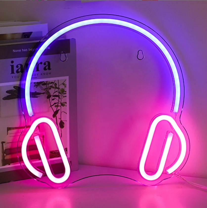 Headset Hanging Acrylic Neon Light Usb Powered Led Headphone Sign For Wall Audio Game Room Studio Party Bar Gamers Decor