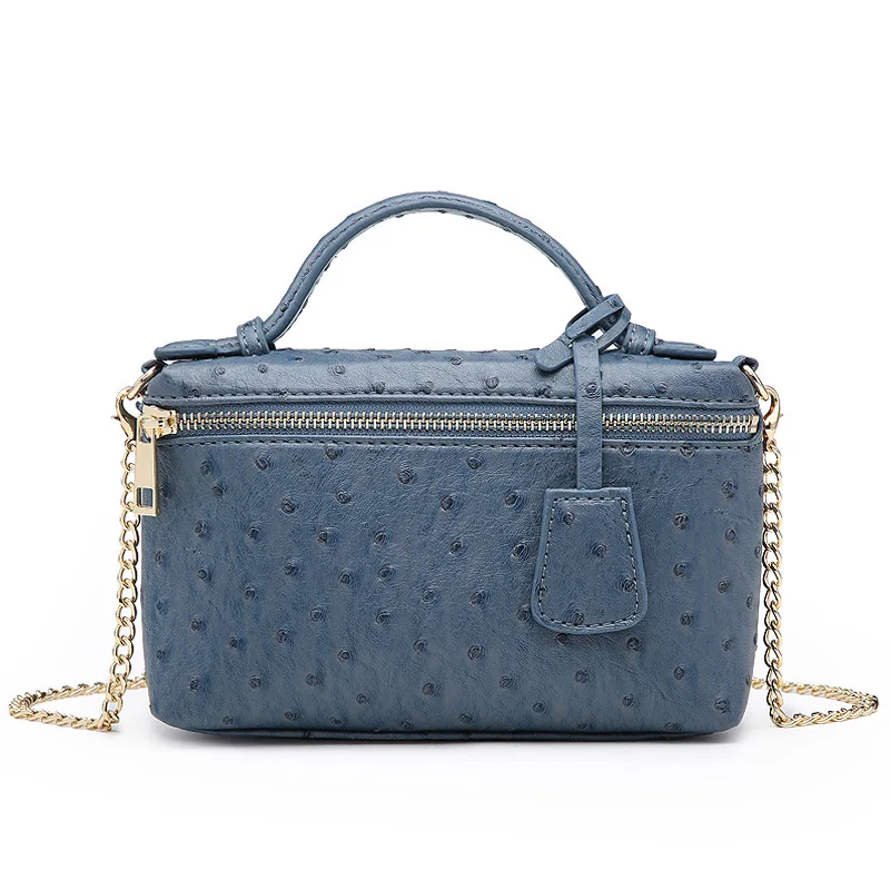 ostrich leather pattern print case shape pu leather cosmetic bag with chains