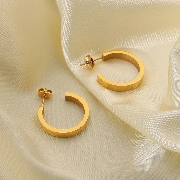 18k gold stainless steel Fashion chunky magazine opening hoops square tube plain 14k C shape earrings for woman