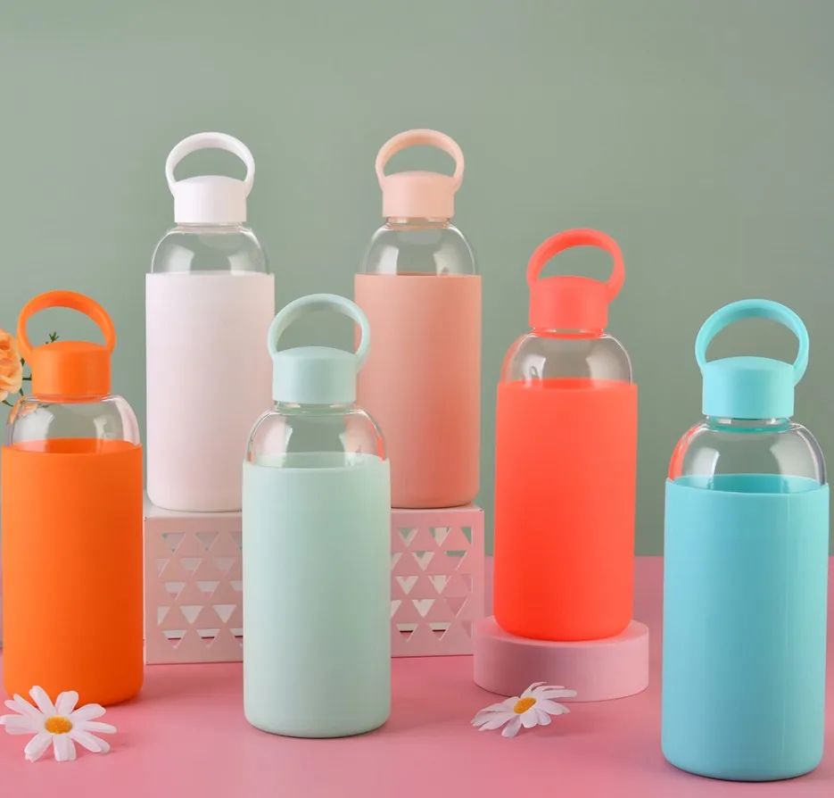 600ML Transparency Custom Sport Drinkware glass water bottle with silicone sleeve  top seller glass bottles drink