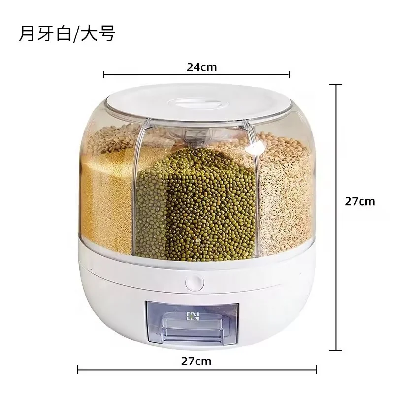 6-Compartment Swivel Food Dispenser 360 Degree Rotatable Moisture-Proof Plastic Kitchen Rice Container PP Grain Storage Bin