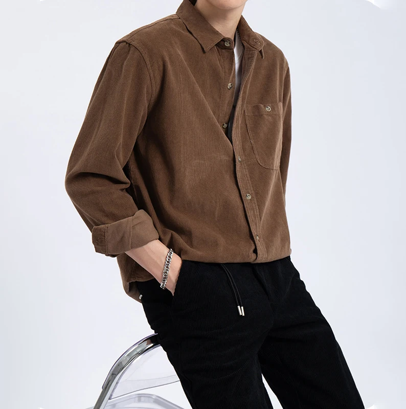Long Sleeve Solid Patchwork Corduroy Pockets Shirt Street wear Fashion Casual custom men clothing Shirt