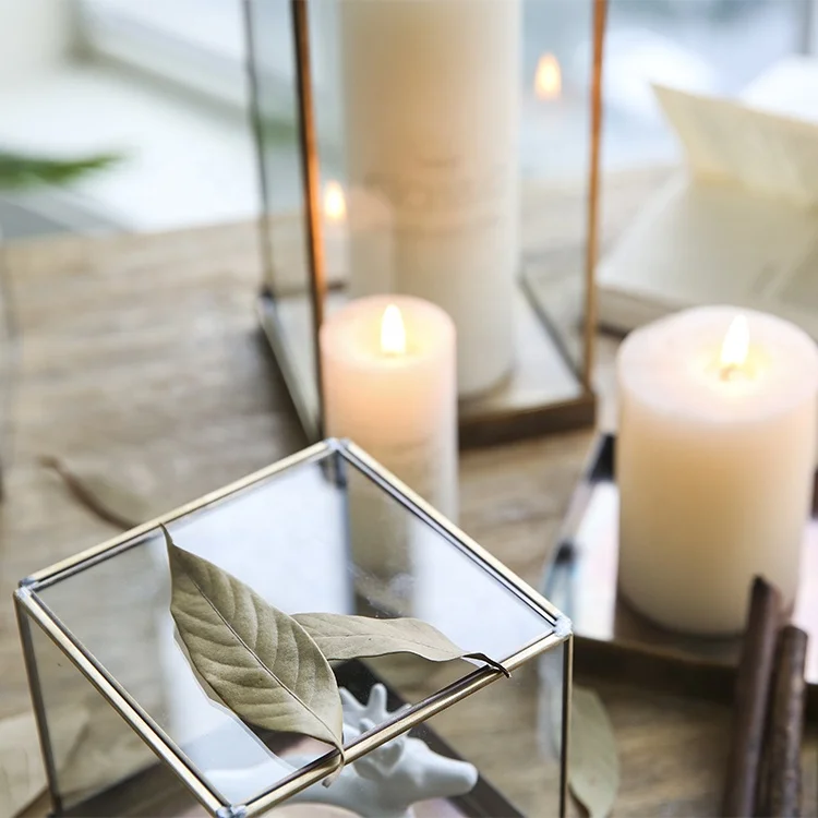 Bixuan Candle Lantern Clear Crystal Glass Bronze Brass Frame Hanging Hurricane Tea Light Holder Square Glass Display Boxes M