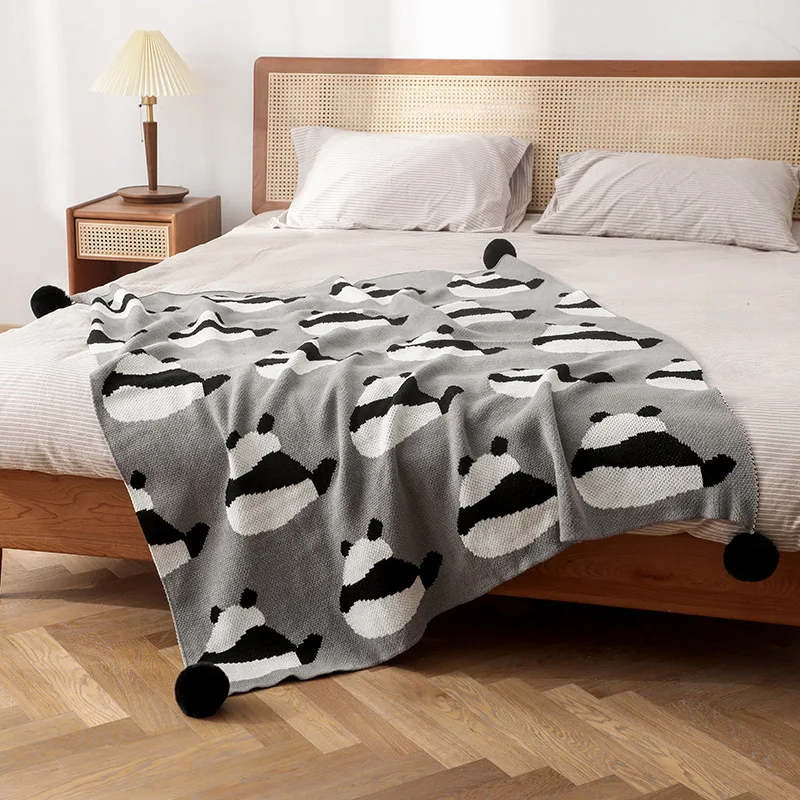 Home air conditioner panda blanket office throws nap blanket thin knitted black and white wool blanket