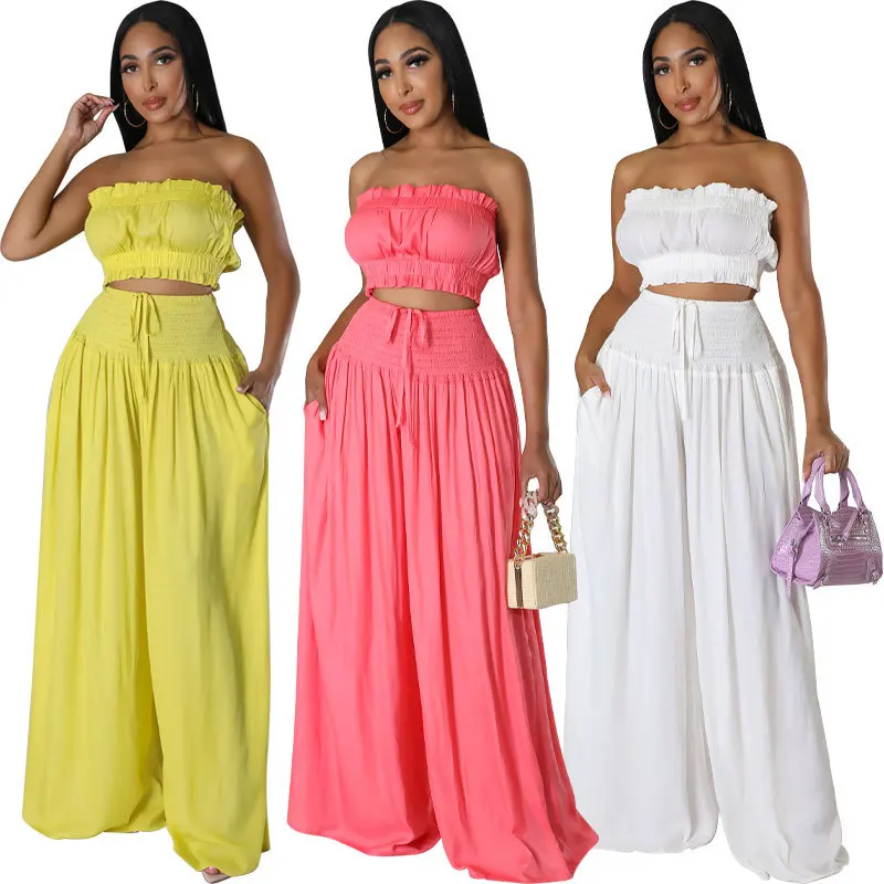 Strapless Crop Tank Tops Two Piece Set For Women Wide Leg Pants 2 Piece Sets Summer Casual Women Outfit