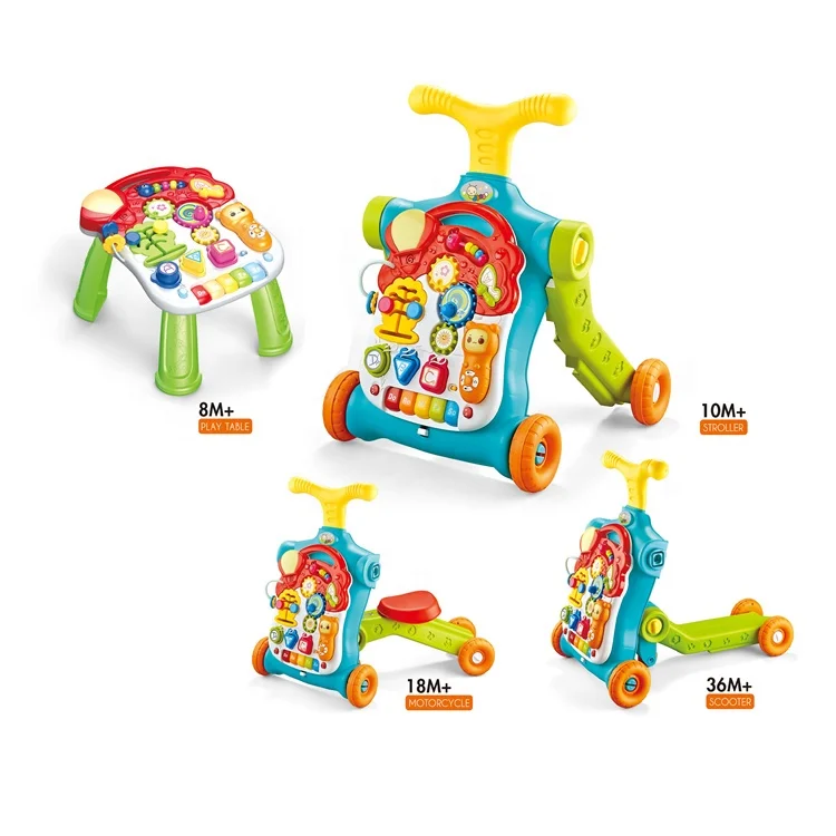 5 in 1 Baby Walker  Activity Learning Table Anti-rollover Trolley Ride on Toys Kid Scooter Stroller with Wheels and Seat Music
