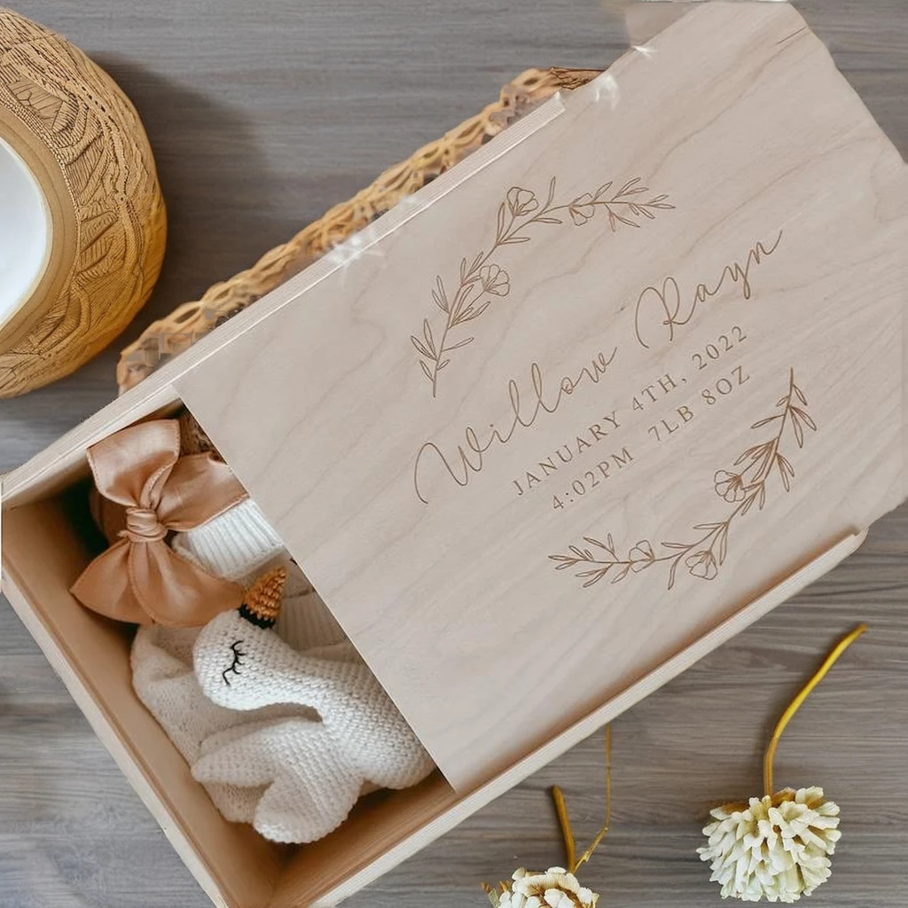 Customized personalized baby gift wood slide box newborn gift  baby memory box wooden souvenir box