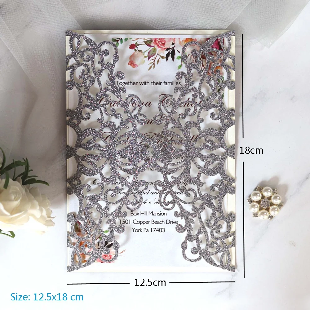 Custom Glitter Laser Cut Wedding Invitations with Ribbon and Envelopes Personalized Wedding Invitation Card