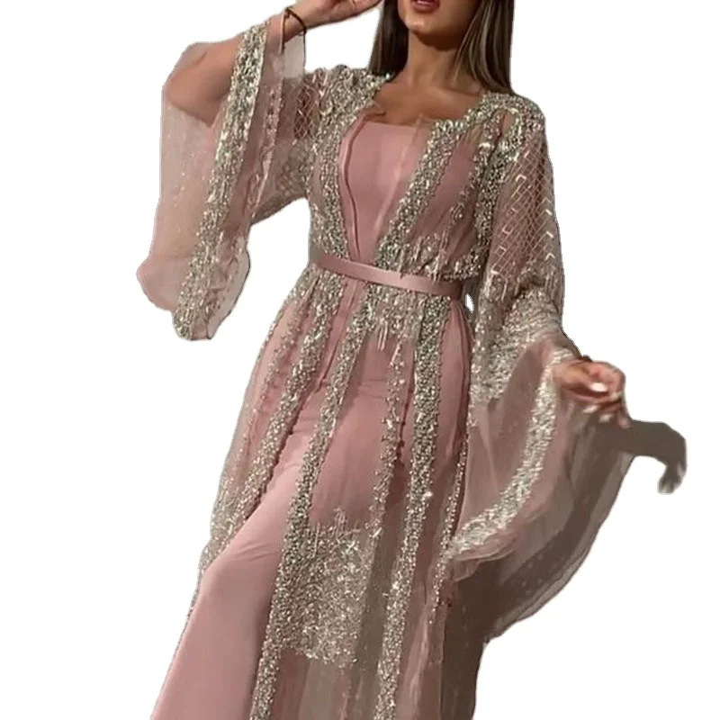 H & D Long Sleeve Sequin Mesh Suit Gown for Party evening dress