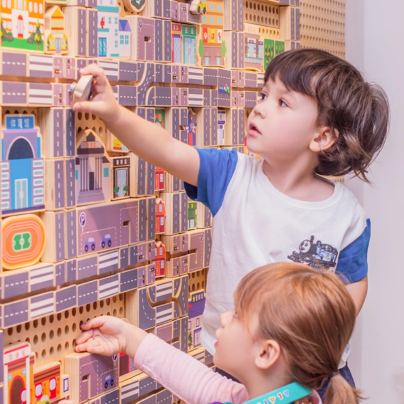 Building  Wooden Blocks Toys Educational Cool Science Urban Slide Models For Kids