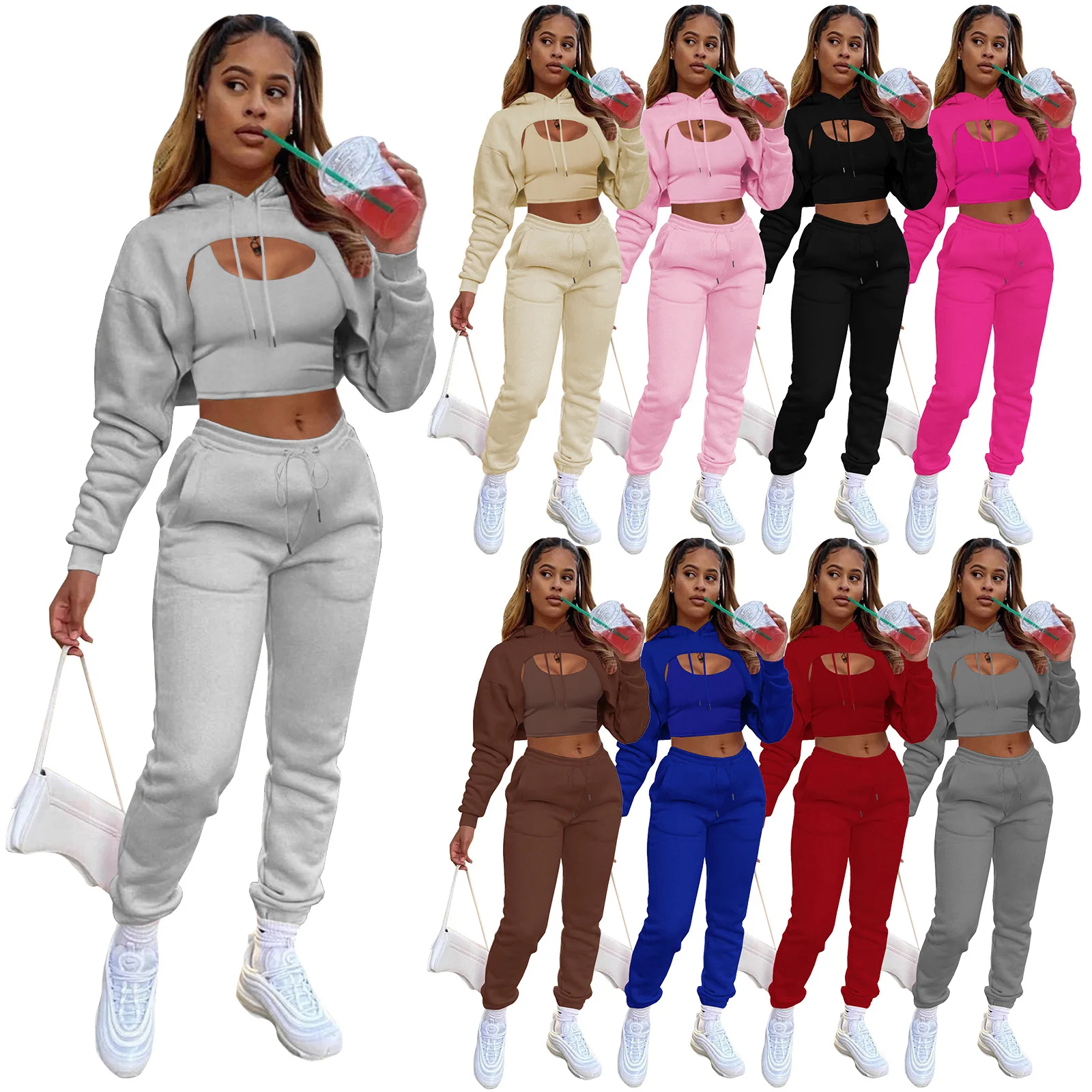 S-2L 2021 Women Sweatsuit Crop Hooded Top And Loose Pants Casual Women 3 Piece Set Fleece Jogger Set