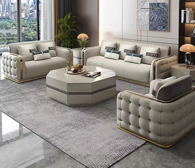 Italian modern luxury art Style leather sofa Set villa Living Room Modern Furniture Leather 1+2+3 sectional grey leather sofa