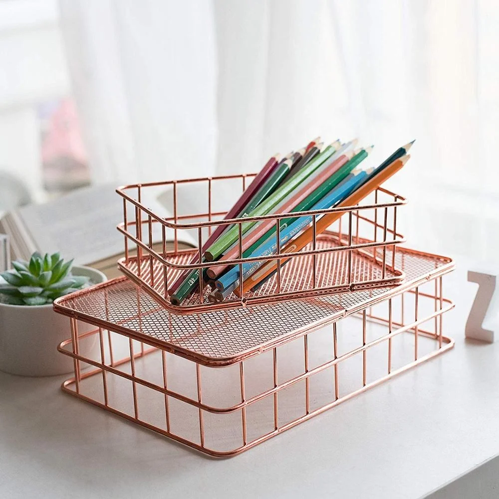 RTS 550-14B Nordic style rose gold wire mesh storage basket makeup brush organizer