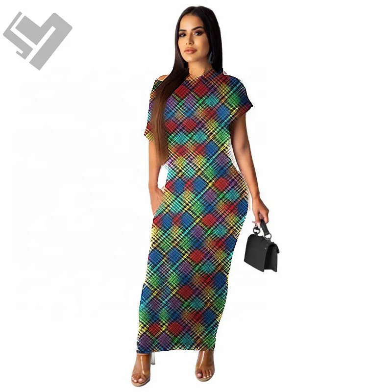 2023 Summer Trendy Women Clothing Designer Print Short Sleeve Casual Dress Luxury Slim Fits Bodycon Maxi Dress