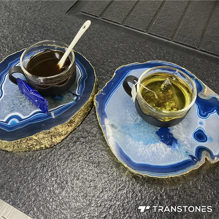 Semi Precious Stone Agate Coaster Natural Blue Crystal Agate Backlit Stone Luxury Home Decor