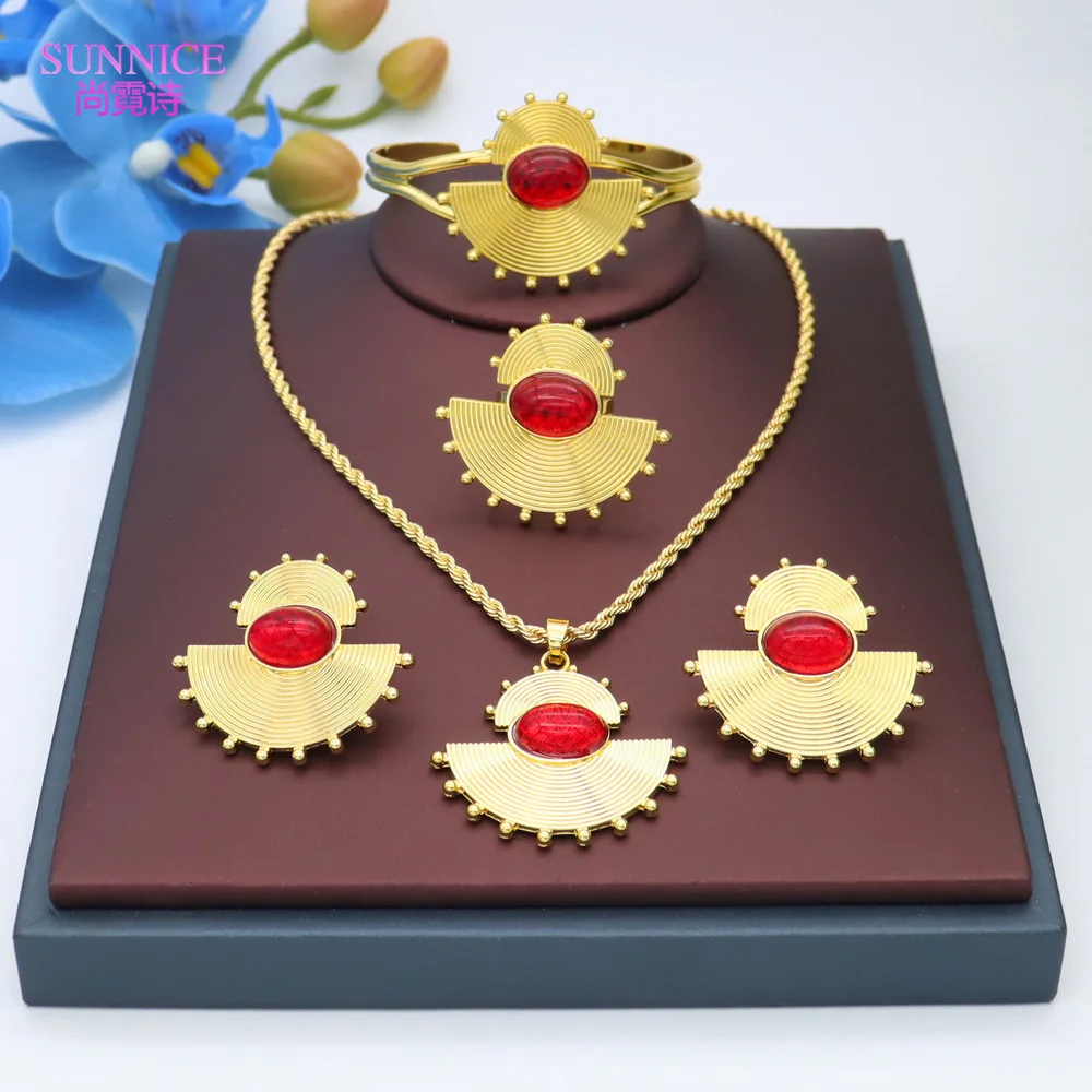 Luxury Fine Jewelry Set Designer Engagement Wedding Birthstone Emerald Ruby Women 18K Gold Plated 5PCS Jewelry Set