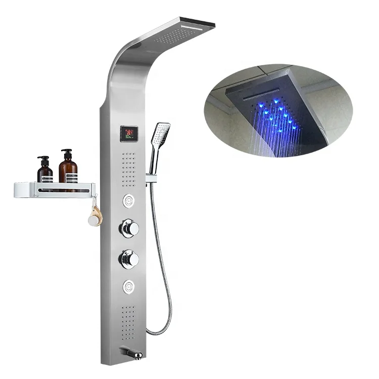 Hot Sale 304 stainless steel  temperature display LED rainfall shower heads massage thermostatic smart  shower panels