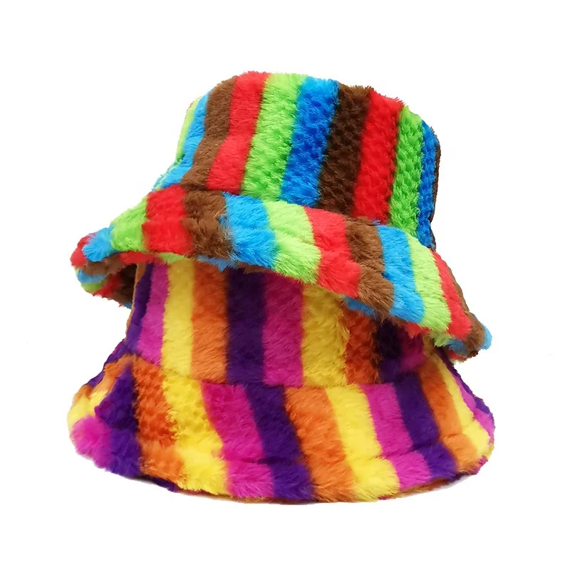 Landfond accessory Rainbow striped rabbit plush fisherman hat women winter thick warm bucket hats