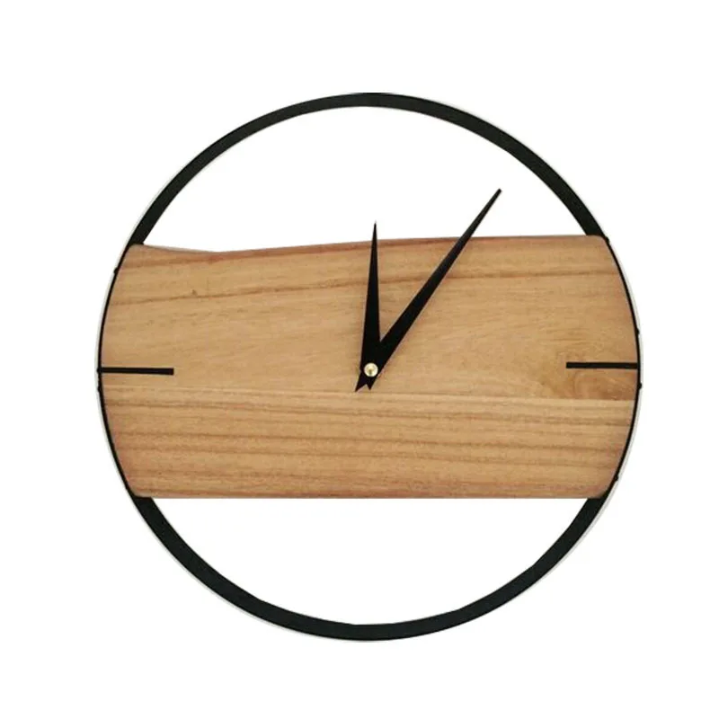 Modern minimalist iron solid wood wall clock, creative quartz 12 inch circular wall clock for living room