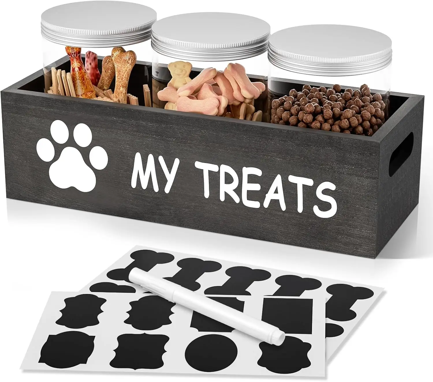 202407Airtight White Treat Storage Pet Food Organizer For Puppy Dog Treat Jar for Countertop Dog Treat Container with 3 Jars