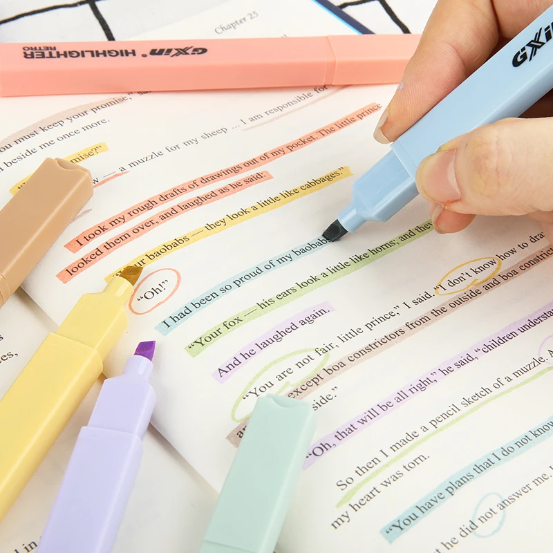 Gxin G-343 6pcs/set retro color highlighter marker pens set writing smoothly fluorescent pen factory price highlighters