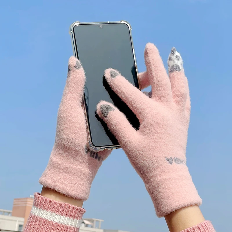 Cute panda plush cycling outdoor ladies riding touchscreen knitted warm women gloves for winter