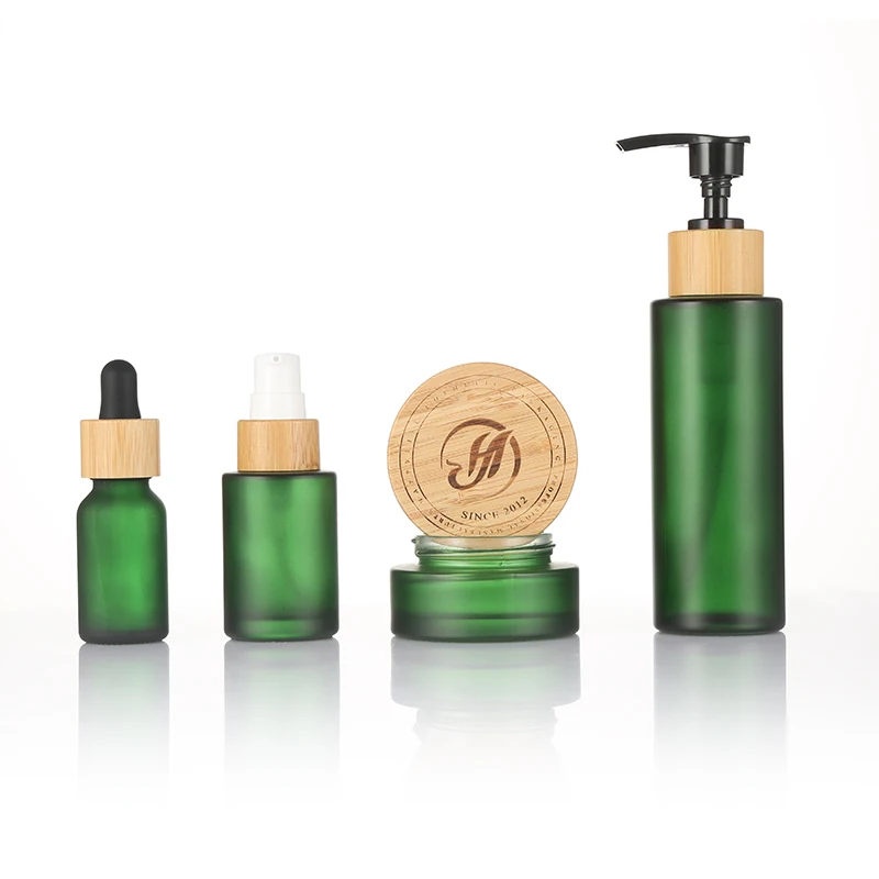 Empty sets clear frosted glass cream jars bamboo wooden lid glass bottle for cosmetic packaging