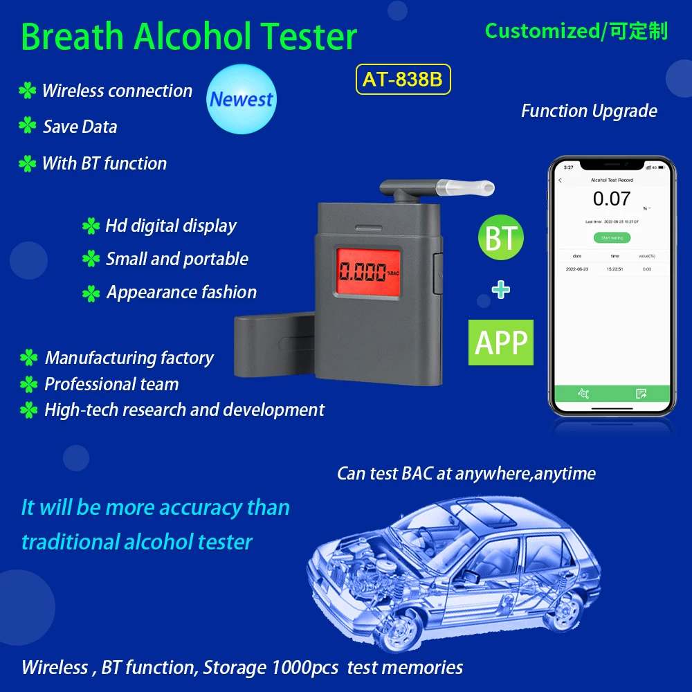 NEWEST BT & APP ANALYZER BAC ALCOHOL TESTER BREATHALYZER AT-838B, For Japan,  European & American markets only