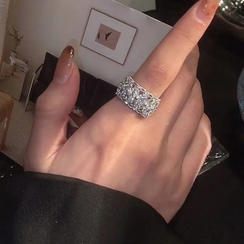 European American High-End Index Finger Ring Elegant Zircon Flower Open Ring Design New  Made Stainless  Ring