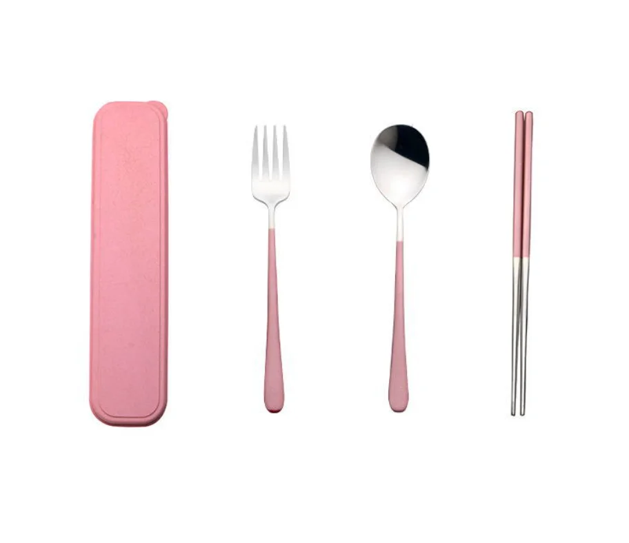 Эко-дружественных Прочный Дорожная сумка с розовой ручкой, столовый набор позолоченных ножей с Ложка Вилка и палочки многоразовые набор столовых приборов