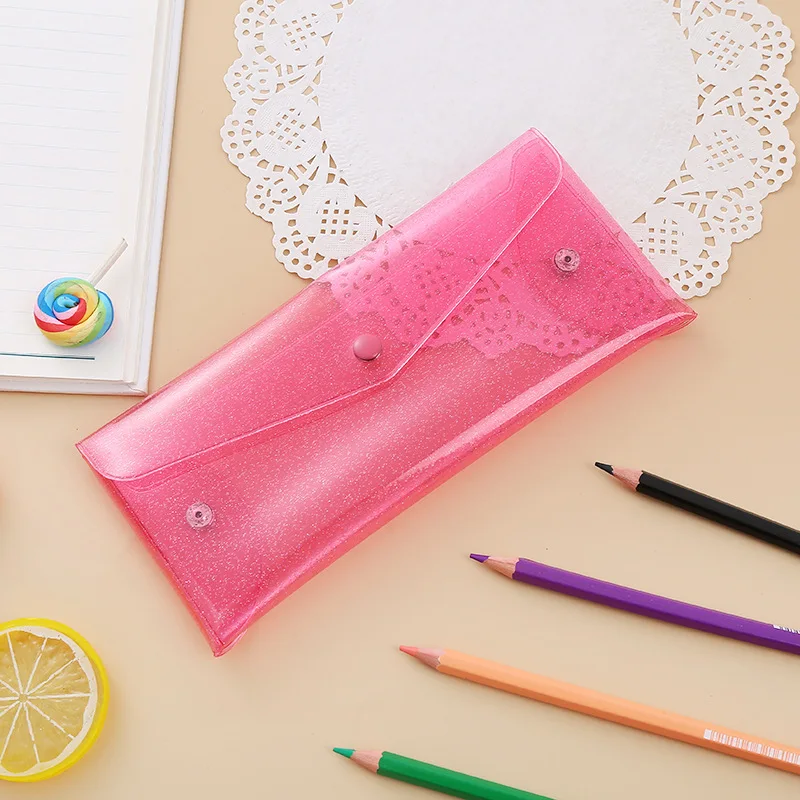 Creative laser colors transparent pvc pen bag portable foldable pencil case with snap button for stationery storage
